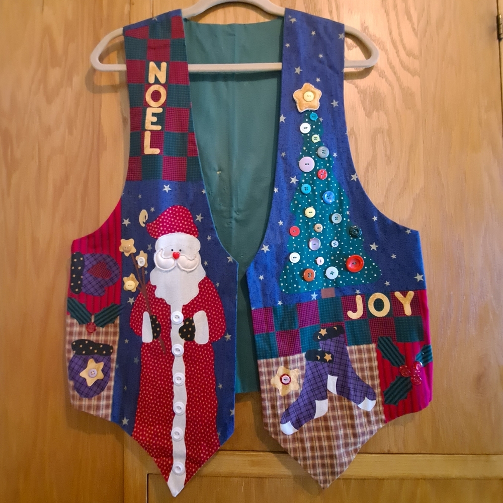 Vintage Handmade Christmas Open Front Vest Santa Snowman with Buttons
